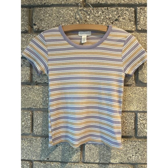 Full Tilt Essentials Womens Striped Lavender & Mustard Ribbed Short Sleeve Tee M - Picture 1 of 7